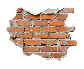 Destruction event brick wall urban of crumbling structure isolated on transparent background