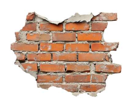 Destruction event brick wall urban of crumbling structure isolated on transparent background