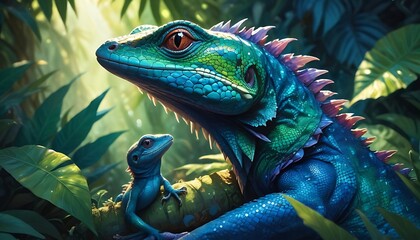 Obraz premium Vibrant, fantastical lizard mother with textured scales in vivid emerald and sapphire hues, cradling a tiny, iridescent baby lizard. Surrounded by lush, tropical foliage, created with generative ai