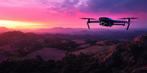 Fototapeta premium Drone flying over scenic landscape at sunset with vibrant colors and mountains.