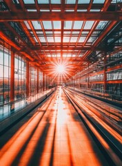 Fototapeta premium Modern architectural structure, sunbeams illuminating a vast, empty walkway. Sunlight streams through glass panels, creating a warm glow and long shadows on the floor