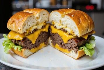 A mouthwatering cheeseburger cut in half, revealing juicy beef patties, melted cheese, and fresh lettuce, served on a soft bun atop a white plate