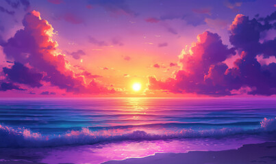 Obraz premium Stunning sunset over tranquil ocean with vibrant clouds and colorful sky.