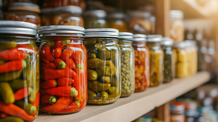 Preserved vegetables on a pantry shelf, in glass jars with metal lids, including red and green peppers, and peas, arranged on a wooden shelf.