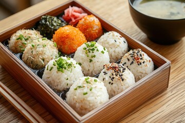 Rice balls in bento box presentation on a white background