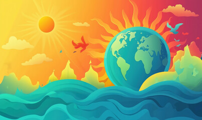 Naklejka premium Vibrant sunset landscape featuring Earth, sun, and colorful waves.
