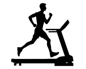 Silhouette of male athlete running on treadmill, icon isolated on white background.