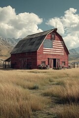 Obraz premium Rustic american barn surrounded by fields on a sunny day