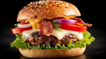 Delicious gourmet cheeseburger, close-up view, food photography, ready to eat, restaurant quality