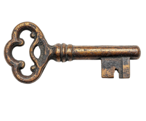 Antique key vintage style still life detailed view isolated on transparent background