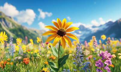 Vibrant sunflower in a colorful wildflower meadow with mountains in background.