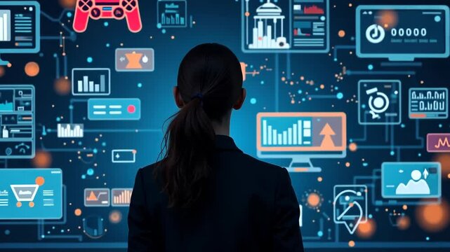woman observes an interactive digital wall filled with icons representing gaming, shopping, analytics, and digital interfaces.., zoom in