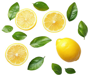 Fototapeta premium Refreshing lemon slices and leaves kitchen food bright natural light isolated on transparent background