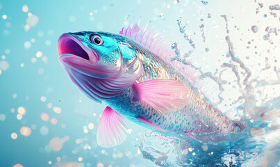 Naklejka premium Vibrant fish leaping from water with splashes and colorful details.