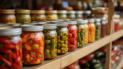 Rows of jars with colorful preserved food. Home canned vegetables stand on shelves, ready for sale or home cooking. Traditional preserving method.
