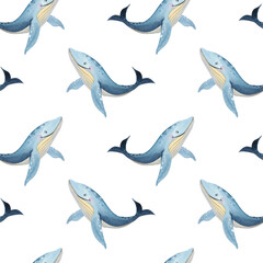 Watercolor illustration with cute underwater animals. Set with shells, fish, whales, lighthouses, boat. Seamless pattern
