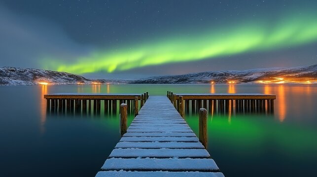 Snowy pier, tranquil lake, vibrant aurora borealis
