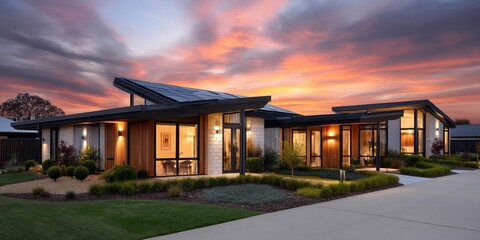 Modern homes at sunset, tranquil neighborhood, residential exterior, perfect for real estate or architectural photography