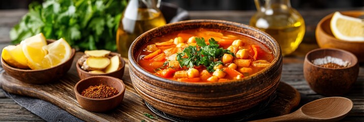 Hearty chickpea soup on rustic wooden table with lemon and spices