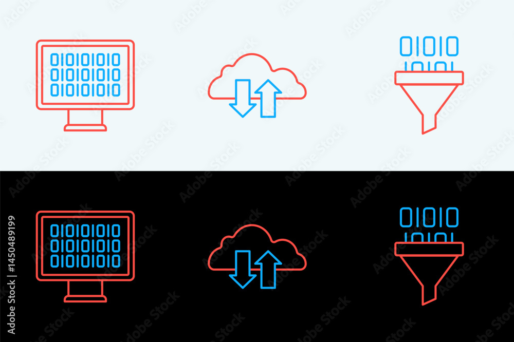 Poster Set line Binary code, and Cloud download and upload icon. Vector