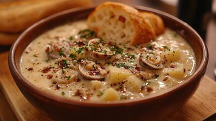 A bowl of creamy soup with clams, potatoes, and herbs, garnished with toasted bread