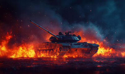 Tanks in fiery battlefield scene with dramatic lighting and smoke effects.