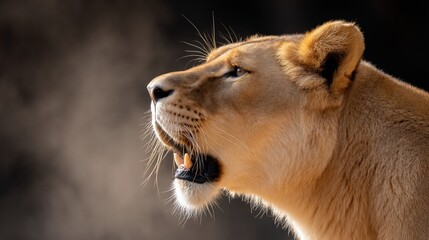 Majestic lioness profile, powerful gaze, dramatic lighting, wildlife, conservation, nature photography