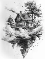 illustration of a castle on a rocky cliff standing above the clouds