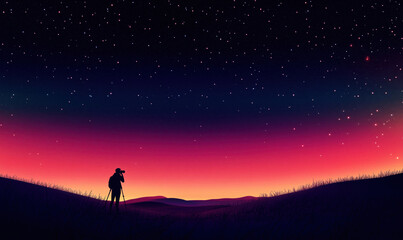 Silhouette of Photographer Capturing Starry Night Sky Over Colorful Horizon.