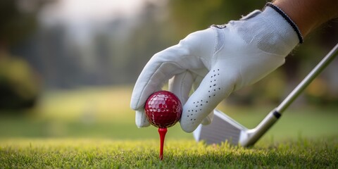 Golf player placing golf ball on tee on a golf course
