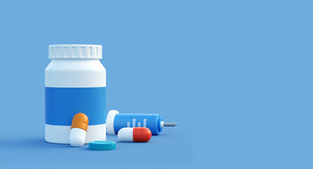 3D first aid kit with pills boxes and syringe. Medical equipment, Healthcare template, Online pharmacy