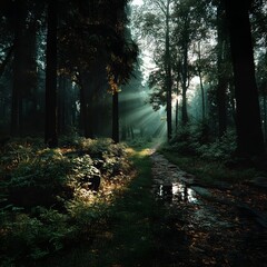 Obraz premium Wet Forest Path with Sunbeams and Puddle