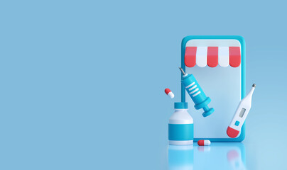 Online pharmacy concept 3D illustration. Medical equipment, Medicine, Pharmacy, Healthcare template