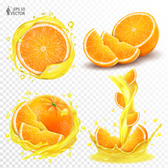 Vector realistic orange set isolated on white background. Transparent splashes of different shapes. Natural citrus fruits falling in a stream of freshly squeezed juice. Design element