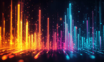 Colorful abstract sound wave visualization with glowing bars and particles.