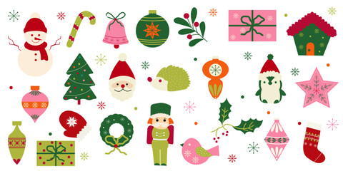 Christmas vector flat cartoon illustration set with winter holiday decorations design elements, festive ornament sticker collection	