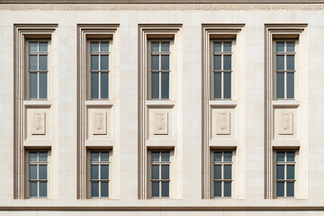 Fototapeta premium Architectural Facade: A symmetrical arrangement of recessed windows framed by stone detailing, set within a textured, light-colored building exterior.