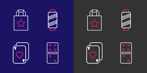 Set line Domino, Playing cards, Sewing thread on spool and Paper shopping bag icon. Vector