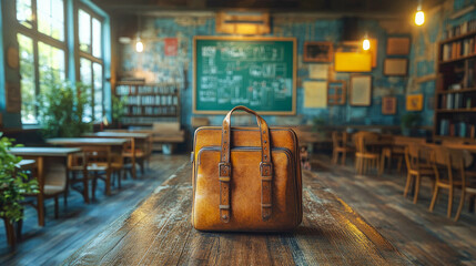 Leather satchel on a rustic classroom desk with chalkboard and shelves in background