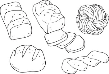 Hand drawn bread variations. Sliced loaf, round bread, twisted bun and knot. Sketchy bakery vector set.