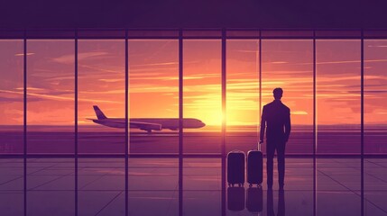Silhouette of a traveler gazing at sunset over the airport runway.