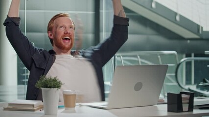 Success, Professional Growth, Goal Achievement. A Man in a Modern Office Smiles With Joy, Celebrating a Work Milestone. A Confident Scene of Motivation, Accomplishment, and Career Satisfaction