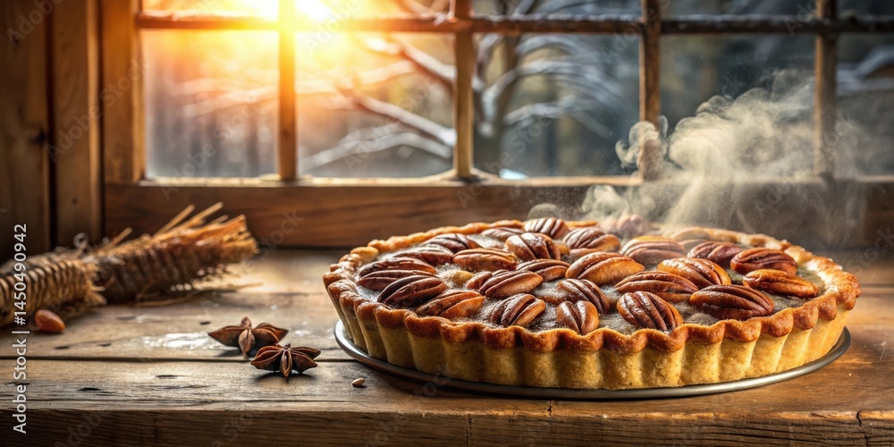 Poster a freshly baked pecan pie with steam rising, sitting on a rustic wooden table near a window with gol
