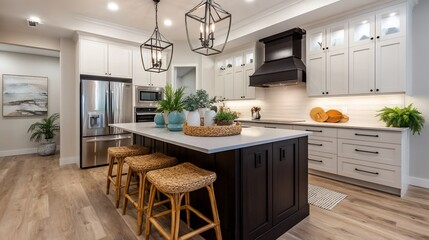 Modern kitchen island with white cabinets and dark accents, showcasing a bright and airy space. Suitable for interior design, home decor, or real estate purposes