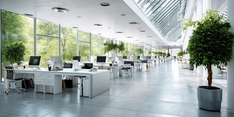 Modern open-plan office with natural light and plants, suitable for showcasing a modern work environment