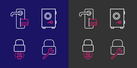 Set line Lock repair, Key broke inside of padlock, Safe and Digital door icon. Vector