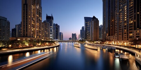 Dubai Canal at Dusk with Illuminated Skyscrapers