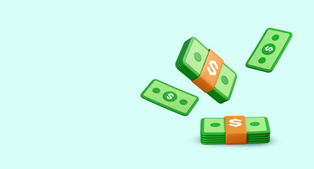 3D Stack of dollars illustration. Flying cash, 3D money icons, Paper note