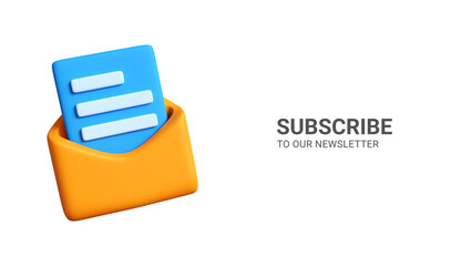 3D subscribe to our newsletter web banner. Opened envolope with newsletter