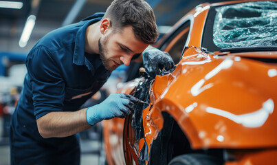 Car repair technician working on damaged orange vehicle in auto body shop.